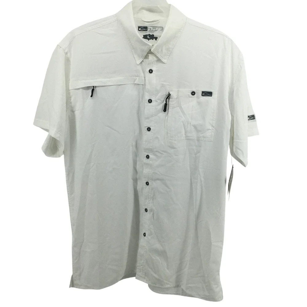 Drake Waterfowl DPF Fishing Shirt Mens Large White Short Sleeve Vented Button Up